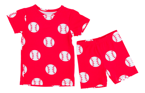Red Baseball Short Sleeve Shorts Pajama Set