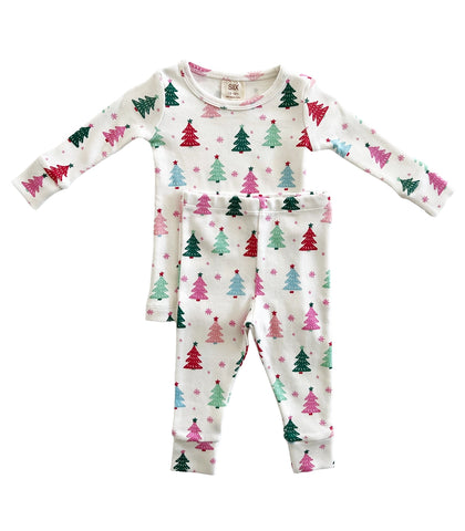 Pink Christmas Tree Two Piece Pajama Set