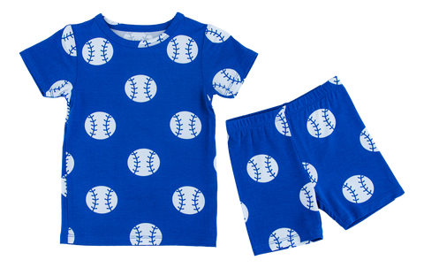 Blue Baseball Short Sleeve Shorts Pajama Set
