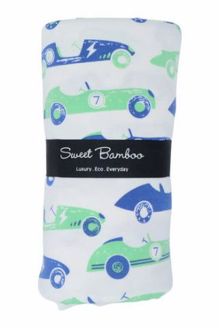 Receiving Blanket with Binding- Blue and Green Vintage Racer