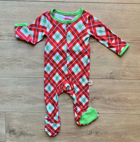 Holiday Footie with Snaps- Holly Plaid- FINAL SALE