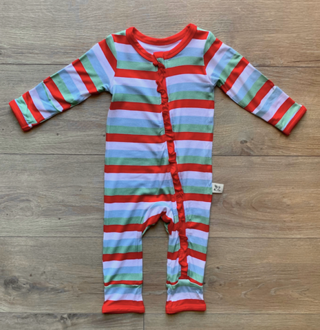 Holiday Zipper Coverall with Ruffle - Holly Stripe- FINAL SALE