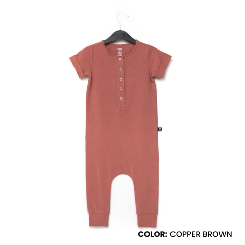 Essentials Short Rolled Sleeve Henley Rag Romper- Copper Brown