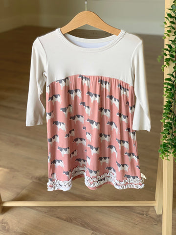Long Sleeve Dress- Pink Cows- FINAL SALE